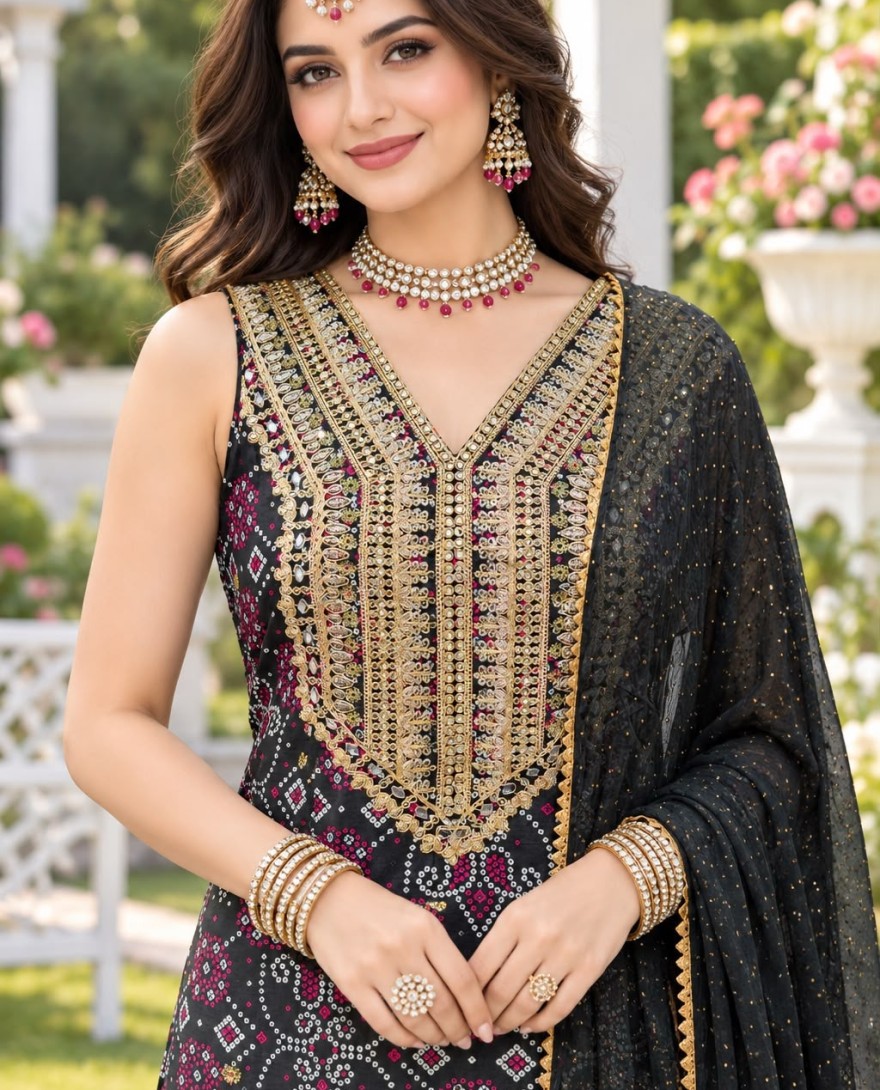 2192 - Black Chinon Embroidered and Print Work Salwar Suit